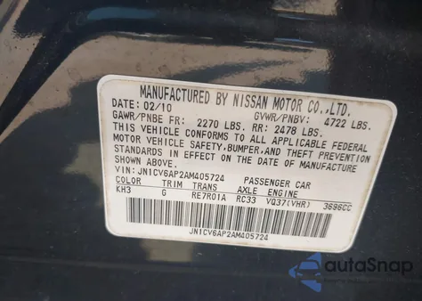 2010 Infiniti G37 Journey from USA, damaged, VIN JN1CV6AP2AM405724